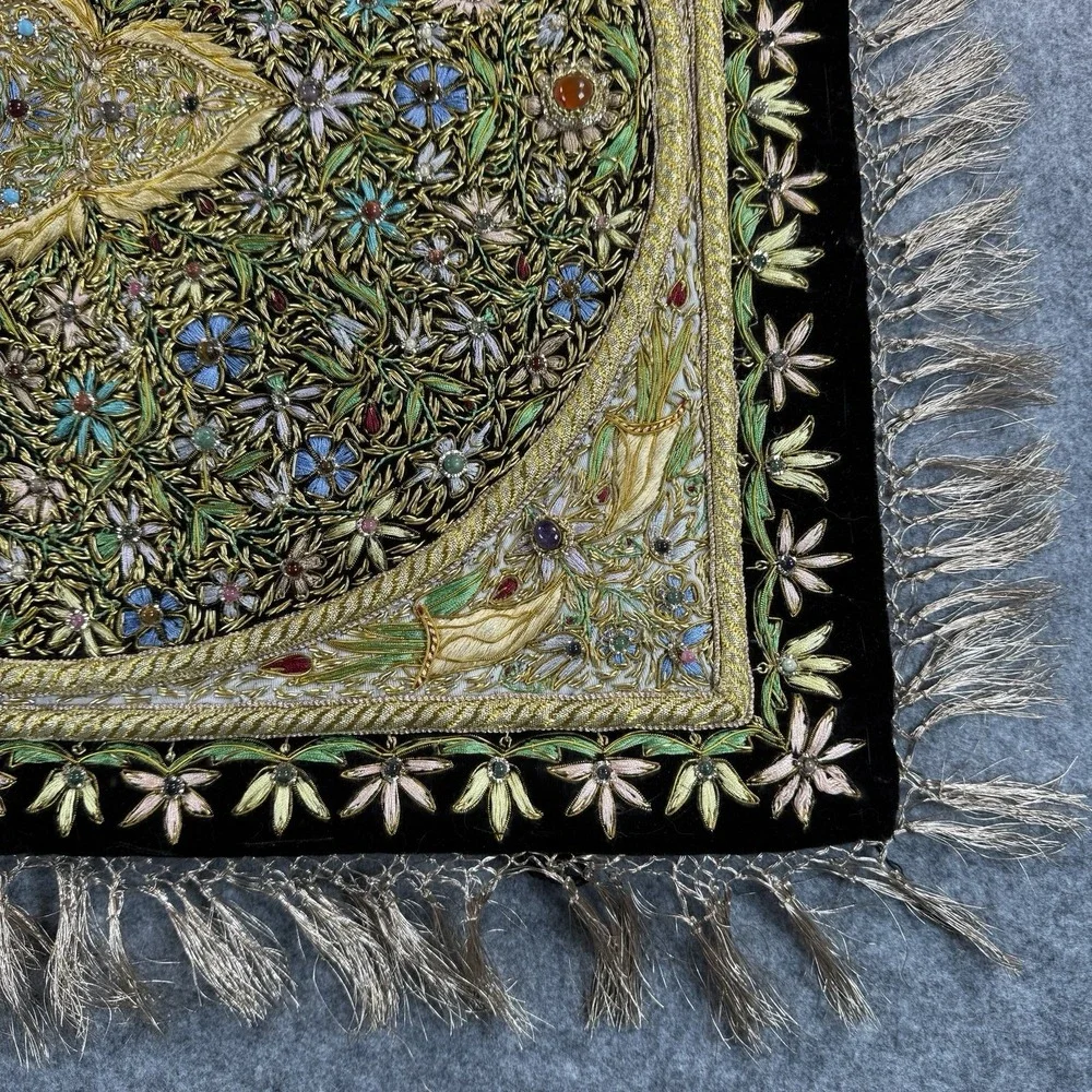 Vintage India Embroidered Wall Hanging Tapestry Beaded Ornate Black Gold Velvet